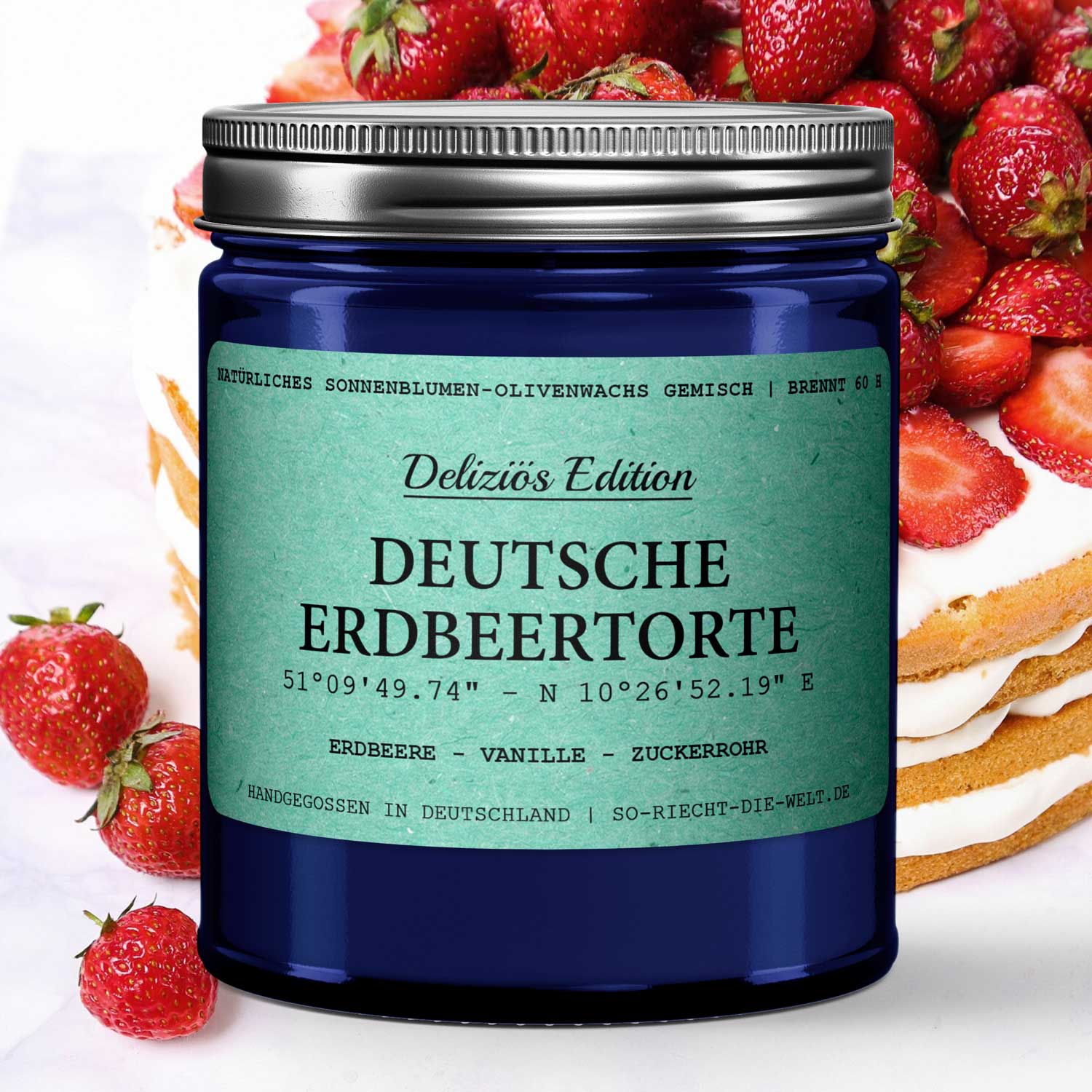 [Deliziös] Deutsche Erdbeertorte Duftkerze - Erdbeere | Vanille | Zuckerrohr - VON GRAU4260590540874Einzelne KerzeSo-riecht-die-welt